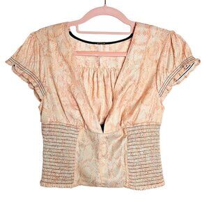 FREE PEOPLE Cinched V-Neck Top PINK SNAKESKIN PRINT size S Short Sleeve Blouse